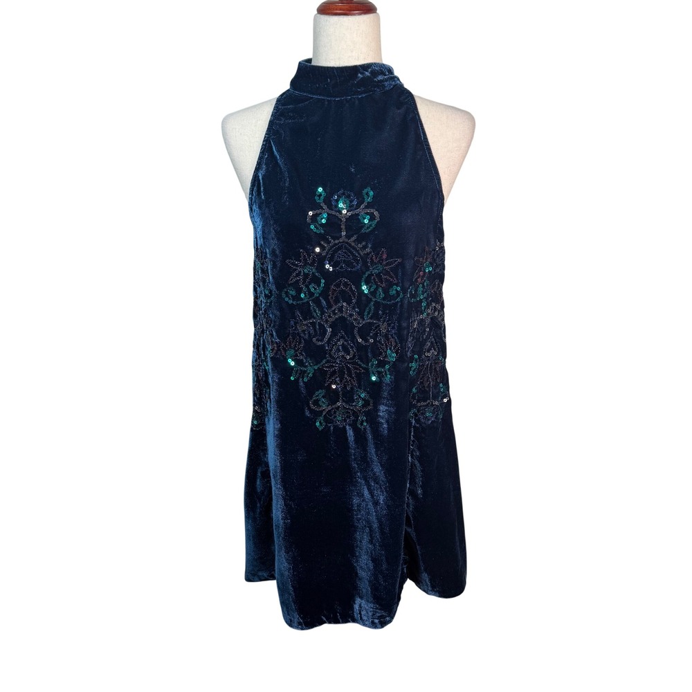 Free People Sequin Velvet Mini Dress Women XS Blue Halter Mock Neck Boho Party